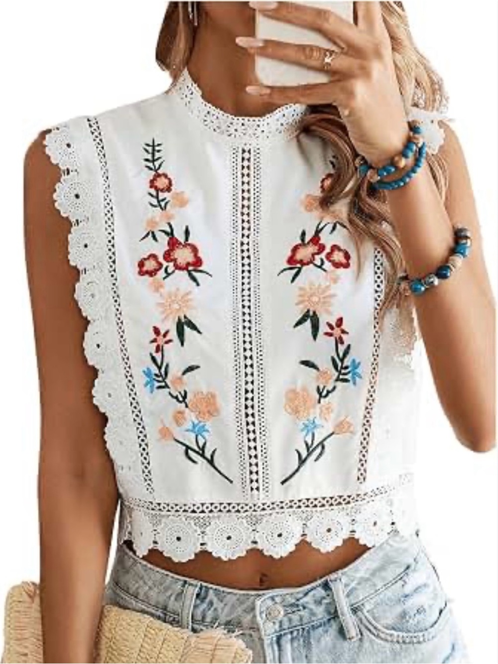 Commense White Sleeveless Embroidered Lace Crop Top